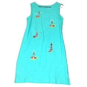 Ultra Dress Tunic Womens Size 10 Blue/Green Knee Length Sailboats Linen Summer